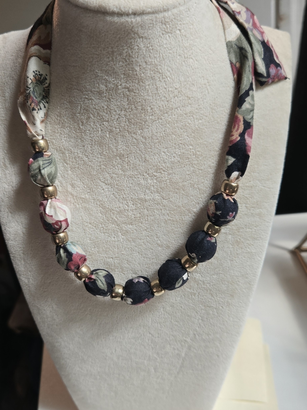 Floral Navy and Pink Fabric Bead Necklace with Gold Accents